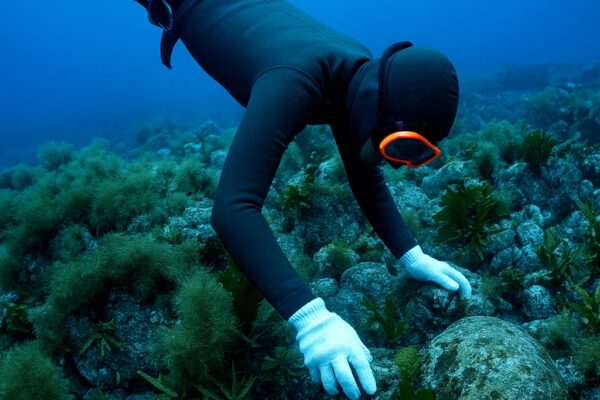 岩モズクを探す海女さん